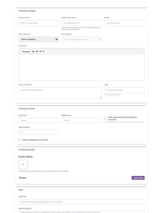 The ShopSynco Add Product form, showing name, price, category and stock fields