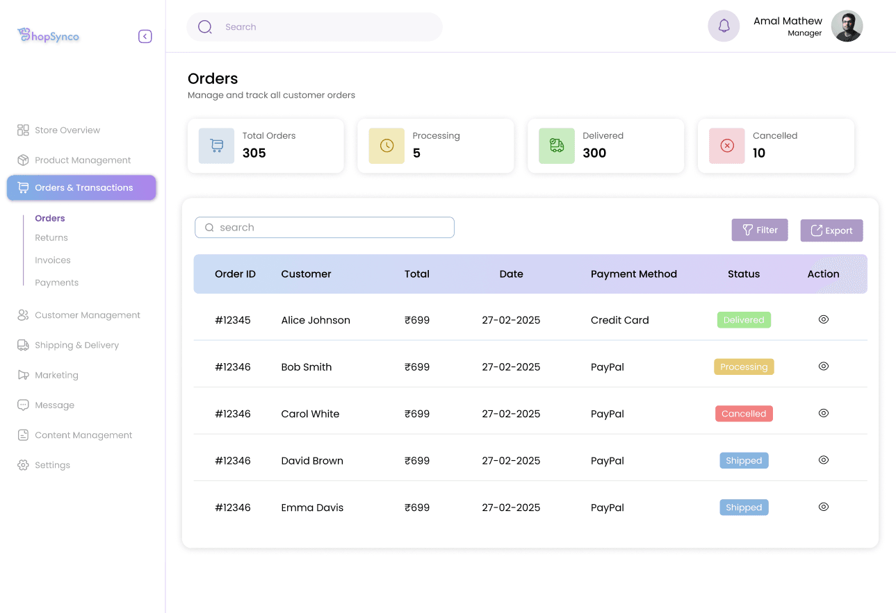 The ShopSynco Orders dashboard, listing customers, totals, payment method and order status