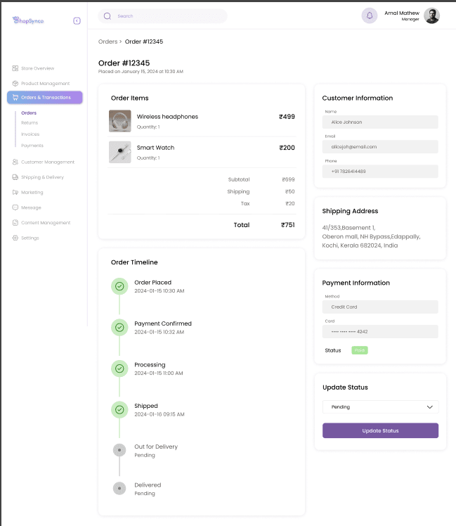 A ShopSynco order detail view, showing payment method and payment status against the order